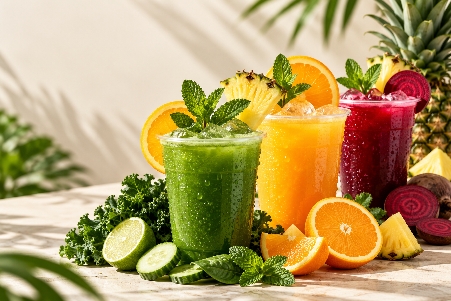 Illustrative lineup of fresh green, orange, and beet juices with pineapple and mint
