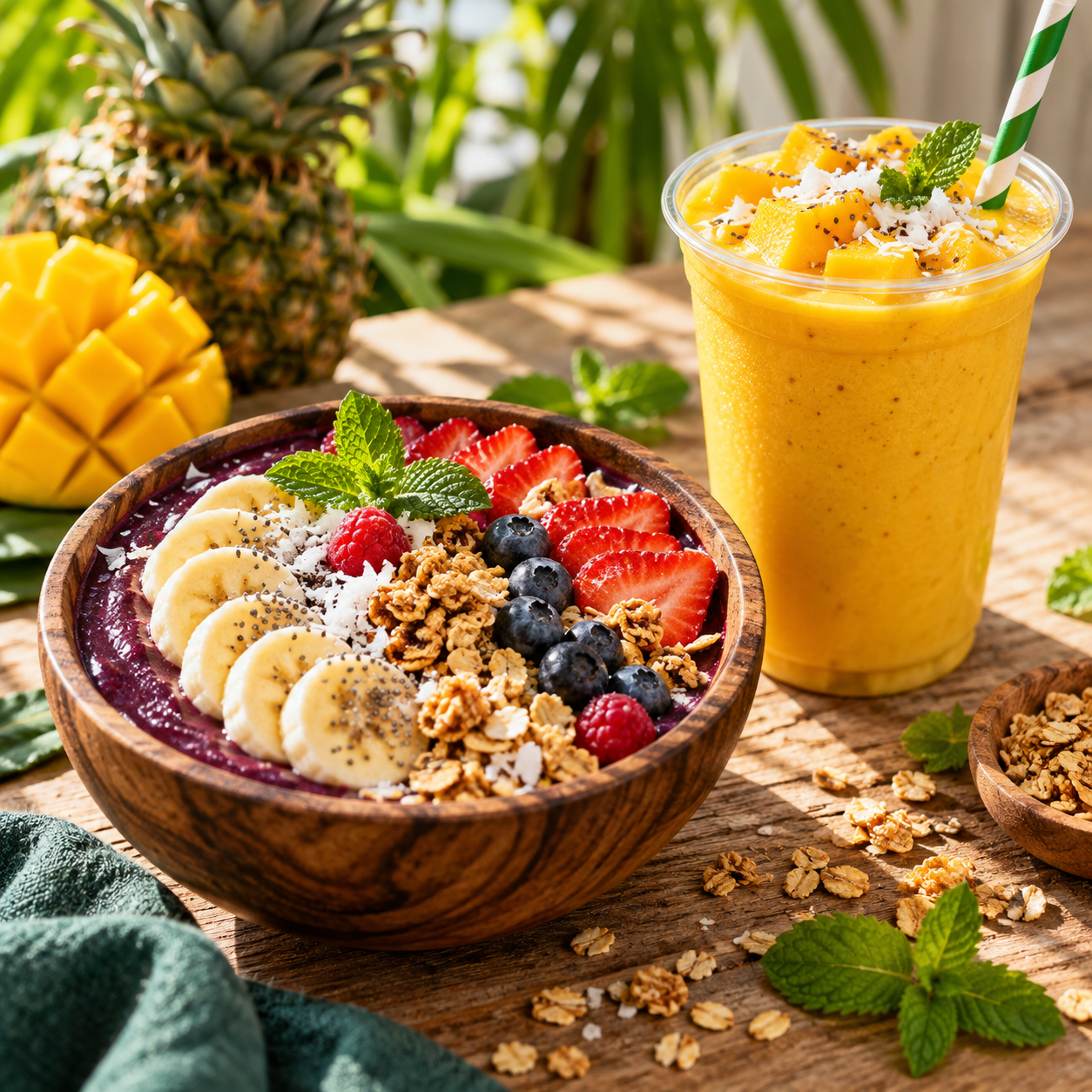 Illustrative acai bowl with berries and granola beside a mango smoothie